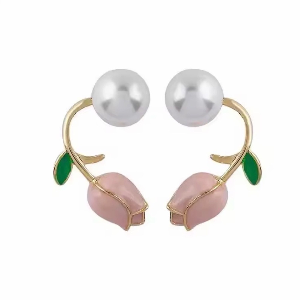 Sweet Fashion Enamel Pearl Tulip Pink Flower Earrings. - Picture 2 of 5